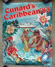 Original 1980s CUNARD LINE - CARIBBEAN Travel Poster airline cruise ship art picture