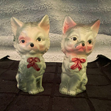 Vintage Porcelain Cat Salt & Pepper Shakers Set, Matching Cats with Bows picture
