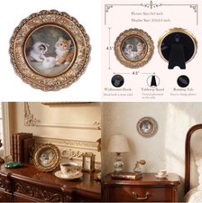 Round Picture Frame 3x3 Bronze Floral Carved Vintage Tabletop Wall Mount Single picture