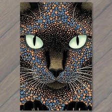 POSTCARD Cat Closeup Dotted Pattern Green Eyes Whiskers Abstract Spots Night picture
