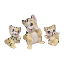 Vintage Japanese Porcelain Yellow Green Strip Kitty Cat Kitten Figurines 2 3/4