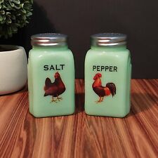 JADEITE GREEN DEPRESSION STYLE GLASS ROOSTER & HEN SALT & PEPPER SHAKERS Vintage picture