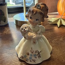 Vintage Lefton Japan Girl Yellow Dress With Puppy 4.5