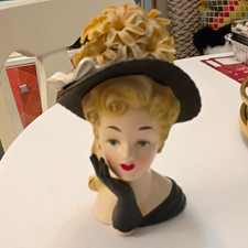 Relpo Hand Painted Ceramic Lady Head Bust Figurine, Black Hat, Japan 1950s 7