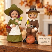 Vintage Thanksgiving Pilgrim Boy Girl Ceramic Figurines Set Of 2 7” Fall Decor picture