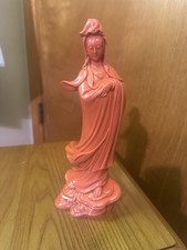 Vintage Chinese Coral Pink Red Resin Statue Guanyin / Kwan Yin Goddess 9