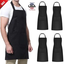 4 × Waterproof Chef Apron Black Catering Cooking Kitchen Butcher w/ 2 Pocket USA picture
