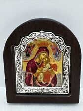 Vintage Pure Silver Virgin Mary Jesus Byzantine Icon Wall Plaque Serigraphy 4x3” picture