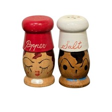 Vintage Wooden Chef Couple Salt Pepper Shakers Made in Japan Kitchen Decor Set picture