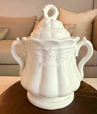 Antique 1800s White Ironstone Covered Sugar Bowl Double Handle Embossed English picture