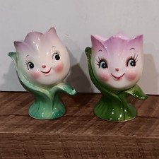 RARE  Lefton Tulip Flower Face Anthropomorphic Egg Cup & Shaker HTF  picture