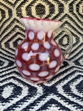 Vintage Fenton Pink Cranberry Opalescent Coin Dot Ribbon Top Art Glass Pitcher picture