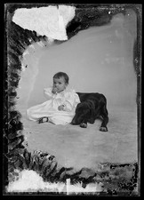 Photo:Unidentified Child with Dog Portrait Black and White Photograph picture