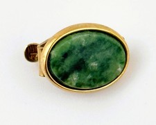 Vtg Destino 12K Gold Filled Green Stone Cabochon Oval Tie Tack Vintage Lapel Pin picture