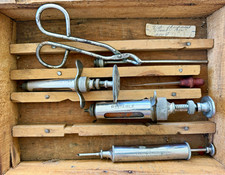 Antique Metal Medical Veterinarian Syringe Set w/ Wooden Case picture
