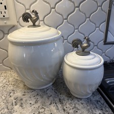 Vtg. Lillian Vernon Farmhouse 2 Piece Canister Set With Pewter Rooster Tops picture