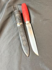 Vintage KJ Mora Sweden Long Knife 6” Blade Red Handle Plastic Sheath Swedish picture