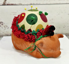 Vintage Hand Made Terra Cotta Sleeping Pig Sewing Supplies Pin Cushion picture