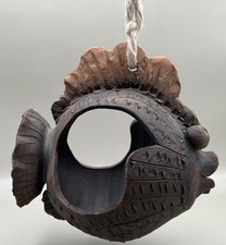 Vintage Hand Painted Artisan Hanging Fish Planter Art Pottery Brown Hanging Rope picture