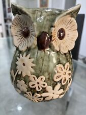 Rustic Ceramic Owl  Floral Design Decorative Figure Green Cottagecore 6.5” picture