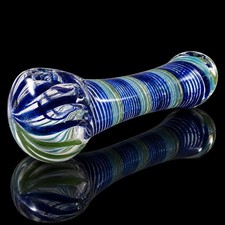 Blue Teal Green Swirl Glass Tobacco Hand Pipe Spiral Striped Design picture