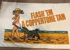 Vintage 70s Coppertone Beach Towel Flash’em Tan Girl Swimsuit Dog 56” x 31” Rare picture