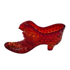 Vintage Fenton Art Glass Amberina Red Orange Hobnail Cat Shoe Slipper 5.5” picture