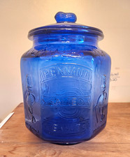 vintage cobalt blue glass jar Pennant Salted Peanuts with Mr. Peanut figure picture