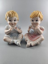 Vintage Porcelain Bisque Piano Babies Figurine Set Boy Girl Taiwan ROC picture