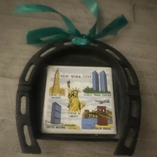Vtg Metal Tile Horseshoe Souvenir Ashtray New York City Landmarks Twin Towers + picture