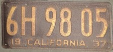VINTAGE 1937 CALIFORNIA LICENSE PLATE YELLOW/BLACK NORRIS MANUFACTURING COMPANY picture
