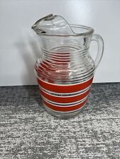 Vintage Glass Pitcher with Red and White Striped, Great Condition , 2 Quart picture