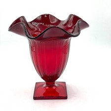 Vintage Handblown Cranberry Red Glass Ruffled Flared Rim Paneled Footed Vase 6