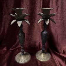 Vtg PAIR 9” Brass and Laquered Brass Palm Tree Shaped Candle Sticks, Hollywood R picture