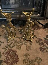 Antique French Ornate Gilt Bronze Putti Figural Candlesticks 7” Pair Cherub picture