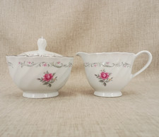 Royal Swirl Fine China of Japan Creamer and Sugar Bowl with Lid Set Pink Rose picture