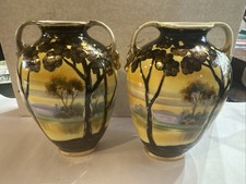 2 Vint. Nippon Moriage Porcelain Vase Hd/Ptd Outdoor Scene Gold Gilt  As-Found picture