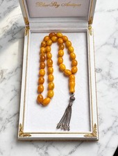 Antique German Baltic Amber Misbaha 43g 15mm Olive Beads Silver Tassel 1900s picture