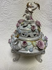 Vintage UCAGCO Japan Porcelain Cherub Swan Rose Covered Bowl Urn Hand Painted picture