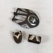 3pc Vtg Western Belt Buckle Brown Hand Engraved Silver Horseshoe Lone Star picture