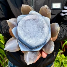 2.44LB Natural Agate Geode Carved Lotus Flower, Hand Carved Healing Crystal Home picture