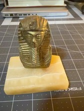 Vintage Solid Brass? King Tut Egyptian Pharaoh Bust Banded Onyx Stone Base picture