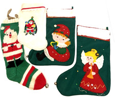 VTG LOT 4 '50s Christmas Stockings Elf Angel Felt Sequin Handmade Knit Furry MCM picture