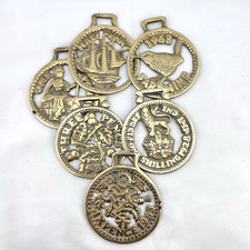 Brass Horse Medallion Lot of 6 Vintage English Coin Penny Pence Farthing Harness picture