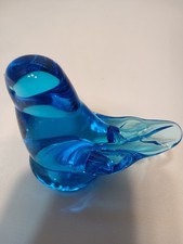Vtg Blue Bird of Happiness Art Glass  Paperweight Leo Ward 1990 Tail Up 2” Signe picture