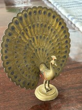 Vintage Brass Inlay Engraved Lacquer Handcrafted Peacock Figurine 2pc picture