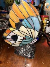 Vintage Tiffany Style Stained Glass Butterfly Table Lamp Night Light 9 1/2 Tall picture
