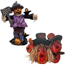 2 Pc Resin Scarecrow Pumpkin Figurine Set Fall Autumn Thanksgiving Decor Statue picture