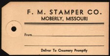 Vintage cream can tag F M STAMPER CO from Moberly Missouri new old stock n-mint picture