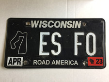WISCONSIN  Expired  License Plate ES FO ROAD AMERICA BLACK WI VANITY picture